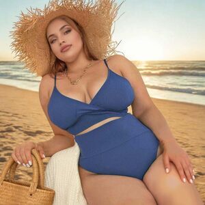 Plus Size High Waist Bikini Set Womens Blue Ribbed Tie Back Swimsuit 20